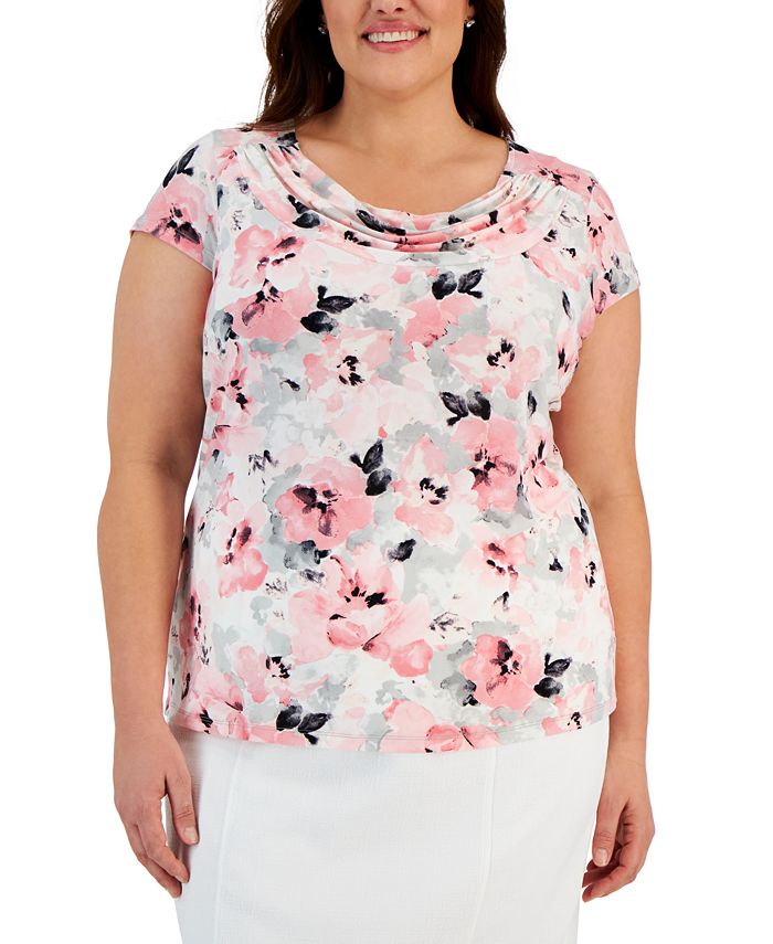 Kasper Plus Size Floral Knit Cowlneck CapSleeve Top Macy's