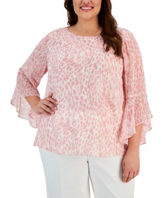 Kasper - Plus Size Animal-Print Ruffled-Cuff Blouse