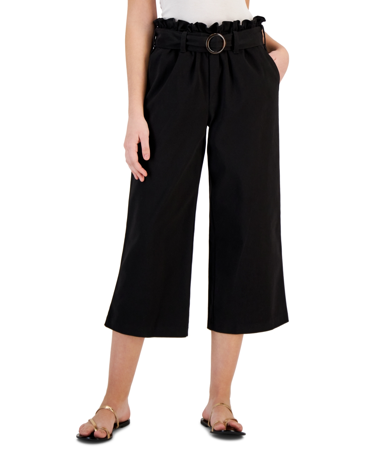 Fever Women's Twill Paper Bag-Waist Belted Cropped Pants