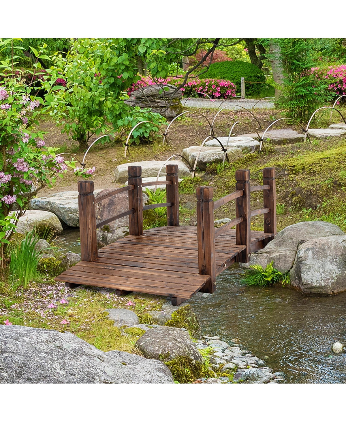 Outsunny Garden Bridge Yard Wooden Arc Outdoor Pond w/ Railings Carbon