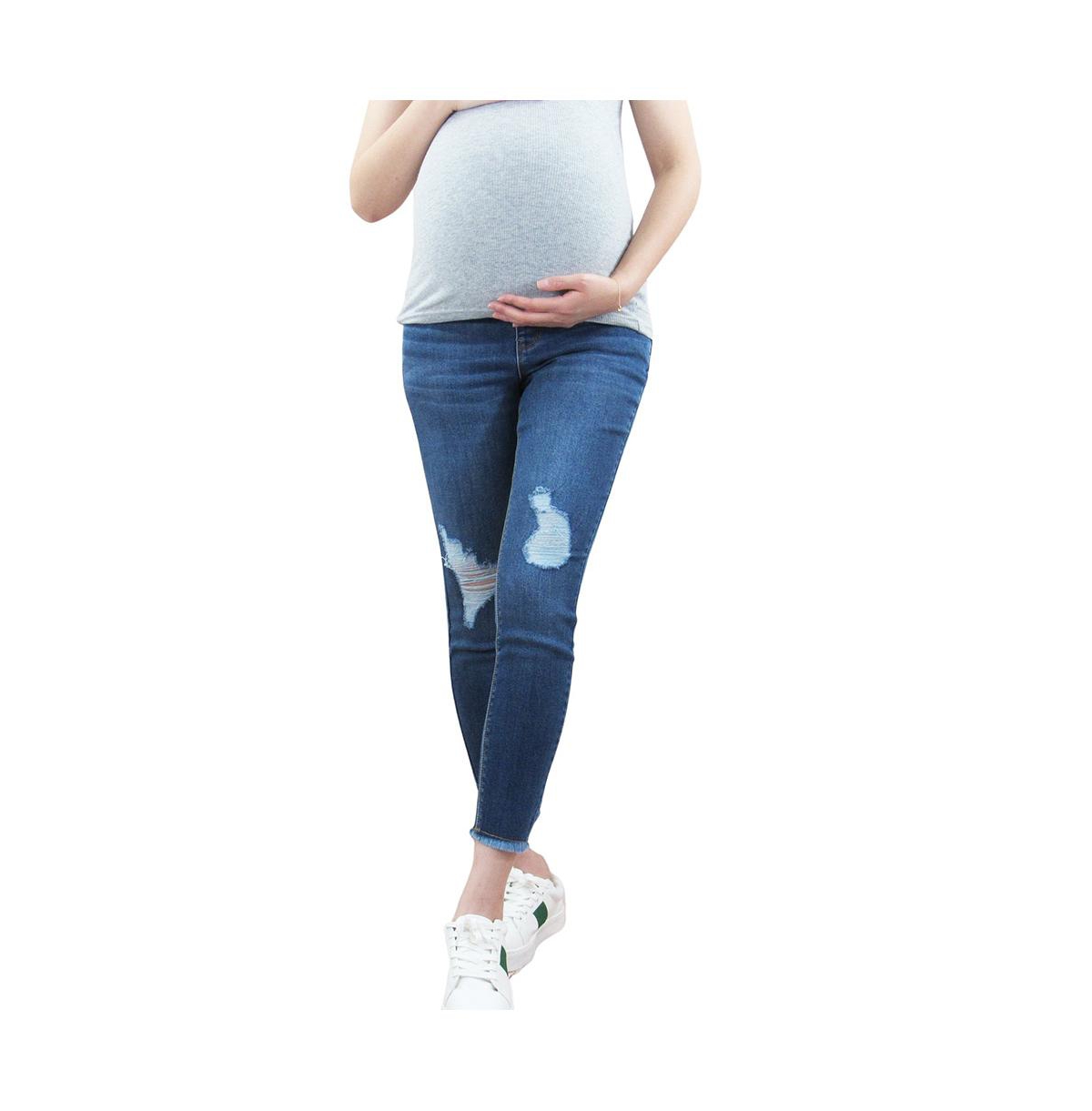 Indigo Poppy Women Fray Ankle Skinny Maternity Jean with Belly Band