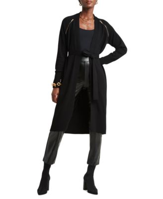 H Halston - Women's Exposed Zipper Belted Long Cardigan