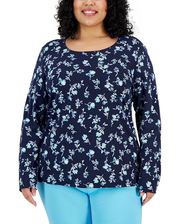 Karen Scott Plus Size Floral-Print Long-Sleeve Top, Created for Macy's ...