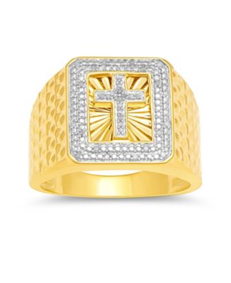 Macy's Men's Diamond Cross Ring (1/10 ct. t.w.) in 18k Gold-Plated ...