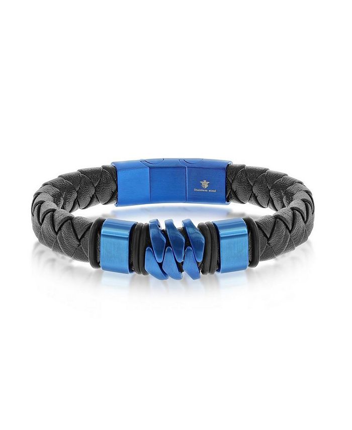 Blackjack Mens Blue Stainless Steel Genuine Black Leather Bracelet Macy's