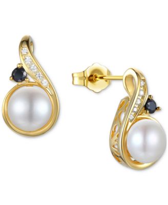 Macy's - Cultured Freshwater Pearl (6mm), Onyx, & Diamond Drop Earrings in 10k Gold