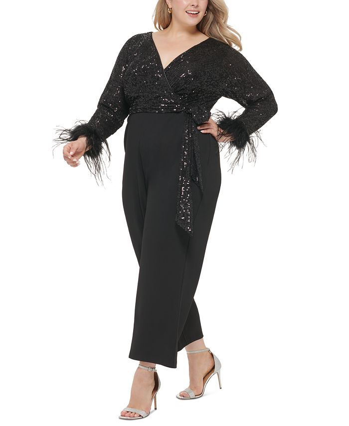 Eliza J Plus Size FeatherTrim Sequined Jumpsuit Macy's
