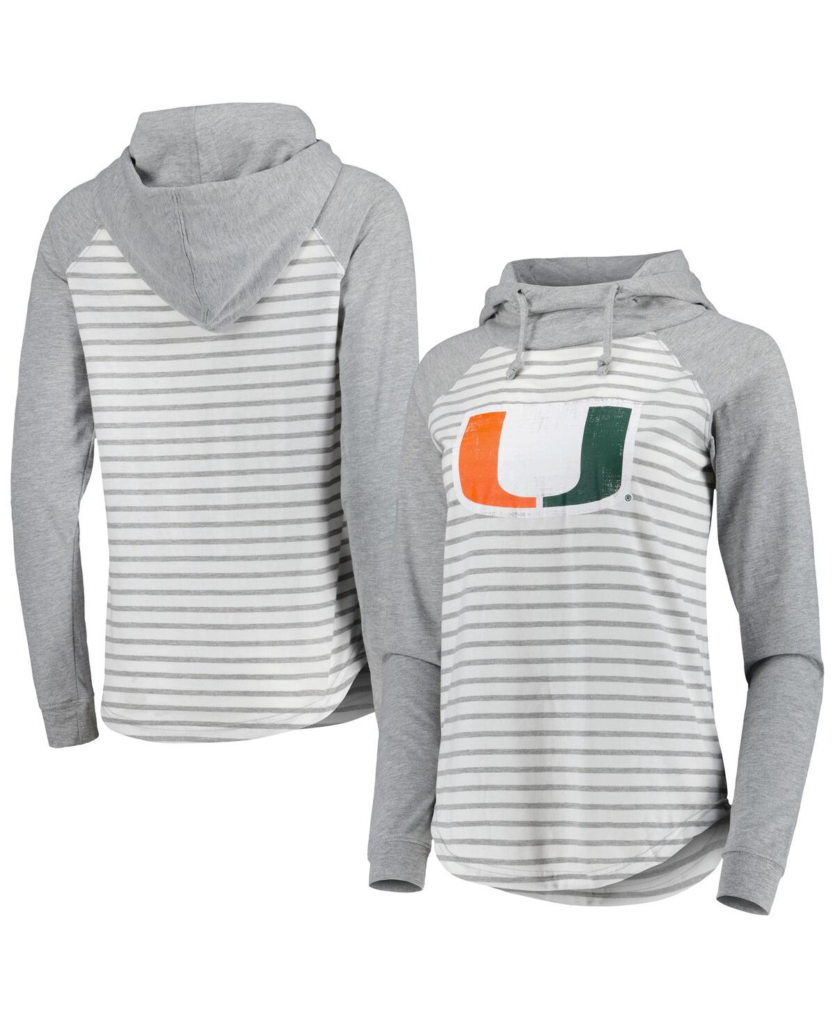 COLOSSEUM WOMEN'S COLOSSEUM HEATHERED GRAY, WHITE MIAMI HURRICANES GLORIA RAGLAN LONG SLEEVE HOODIE T-SHIRT
