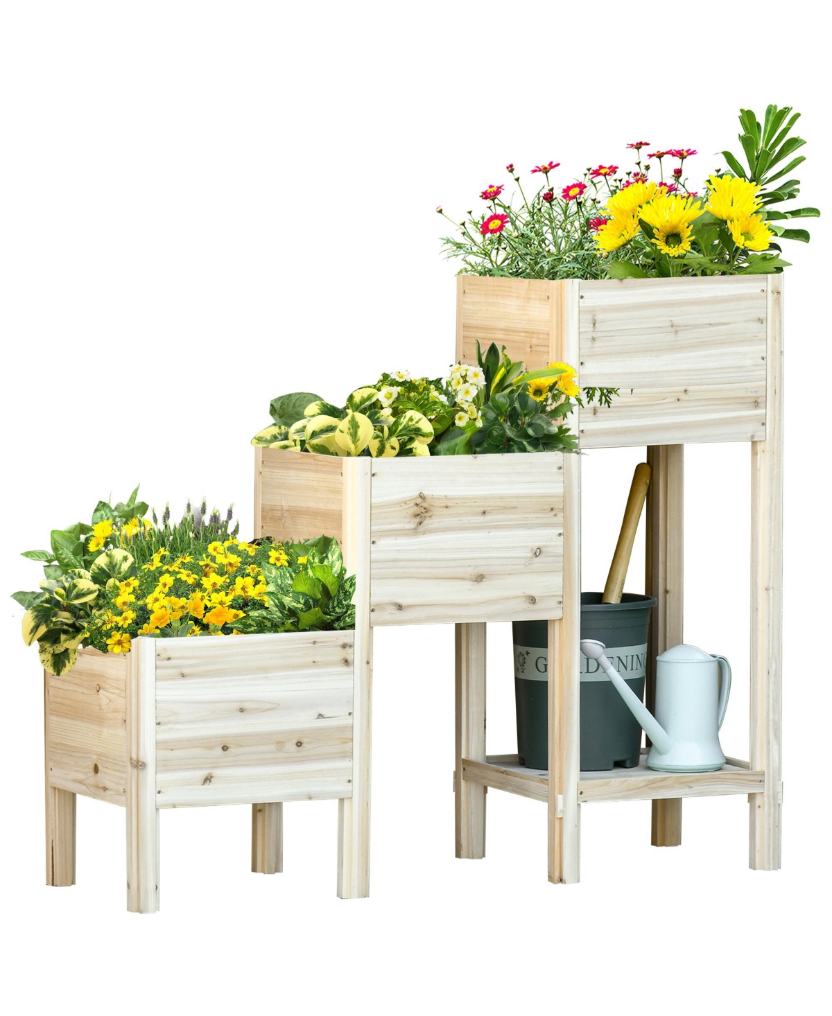 3 Tier Raised Garden Bed w/ Storage Shelf, Wooden Planter Box Kit - Natural