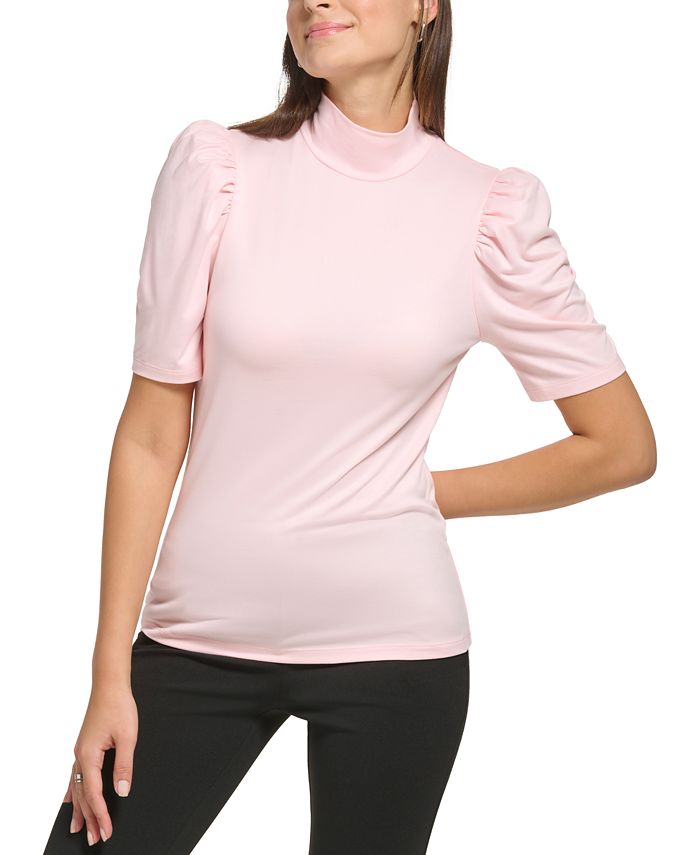 Pink Mock Neck Band Puff Sleeve Blouse