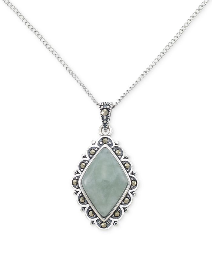 Macy's Jade & Marcasite Frame 18" Pendant Necklace in Sterling Silver