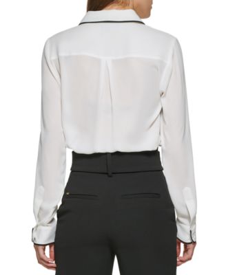 Petite Piped-Trim Button-Up Blouse, Created for Macy's