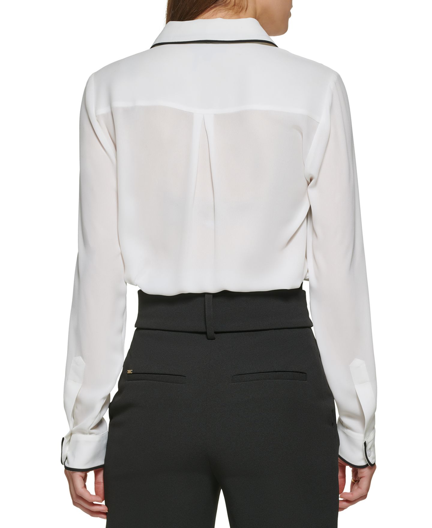 Женская блузка DKNY Petite Piped-Trim Button-Up Blouse, цвет: Льняной белый / Чёрный — фото 3