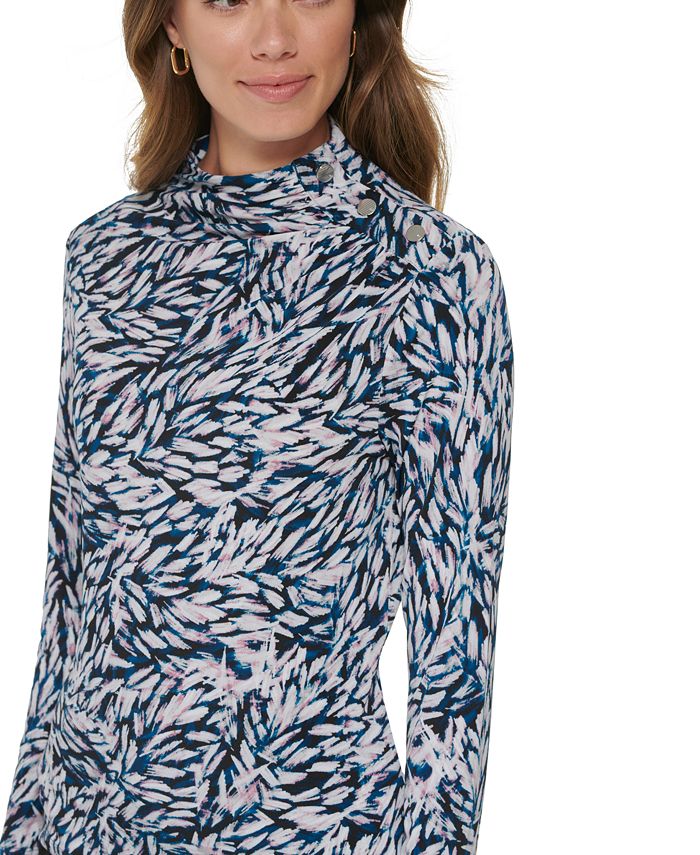 DKNY Women's Printed Mock Neck Button Shoulder Top - Macy's