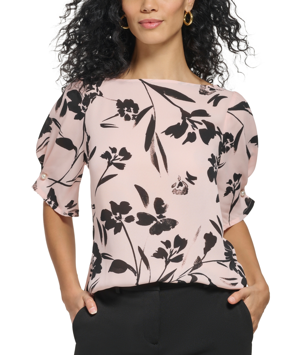 Dkny Petite Printed Puff-sleeve Boat-neck Blouse In Rose Quart