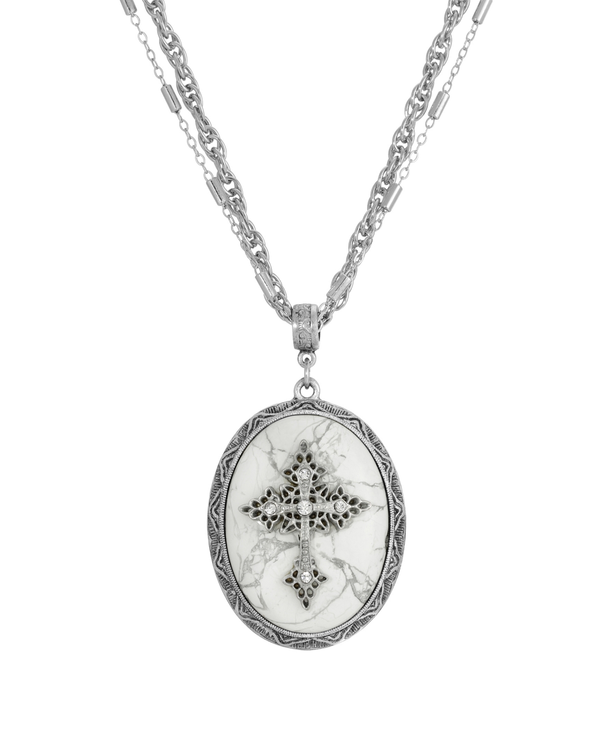 Symbols Of Faith Pewter Cross White Howlite Oval Necklace