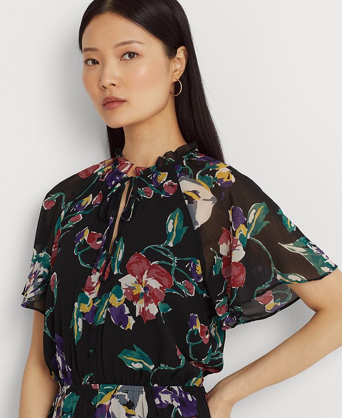 Ralph Lauren Women's Floral Crinkle Georgette Dress Black Size 2