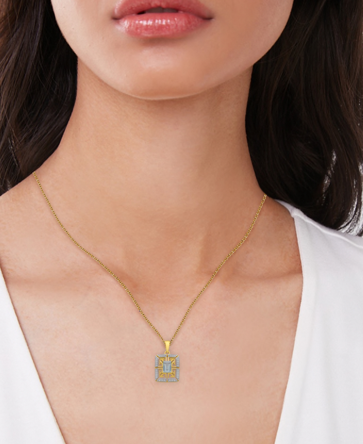 (5/8 ct. t.w.) & Lab grown White Sapphire (1/8 ct. t.w.) Rectangle Pendant Necklace in Sterling Silver & 14k Gold-Plate - Blue Topaz