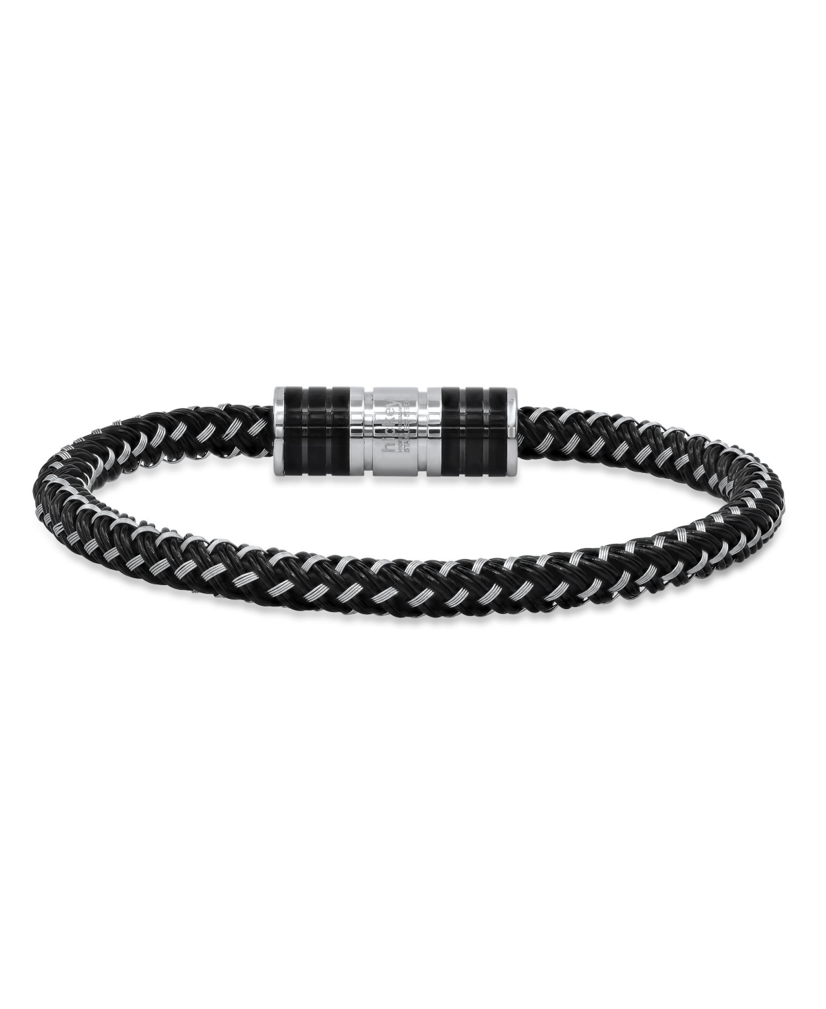 Hmy Jewelry Carbon Fiber Two Tone Stainless Steel And Leather Cord Woven Braided Bracelet In Multi