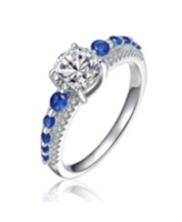 Sterling Silver Rhodium Plated with Sapphire Cubic Zirconia Engagement Ring - Sapphire