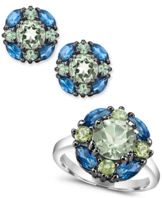Macy's Prasiolite Peridot London Blue Topaz Cluster Jewelry Collection In Sterling Silver