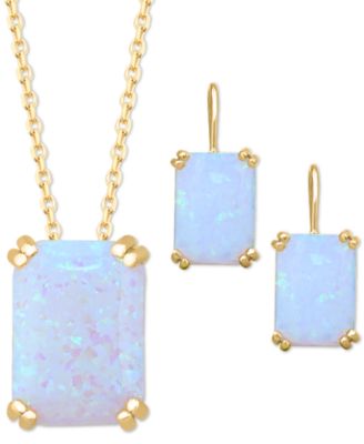 Macy's Lab Created Opal Leverback Hoop Earring Solitaire Necklace Jewelry Collection In 14k Gold Plated Sterling Silver
