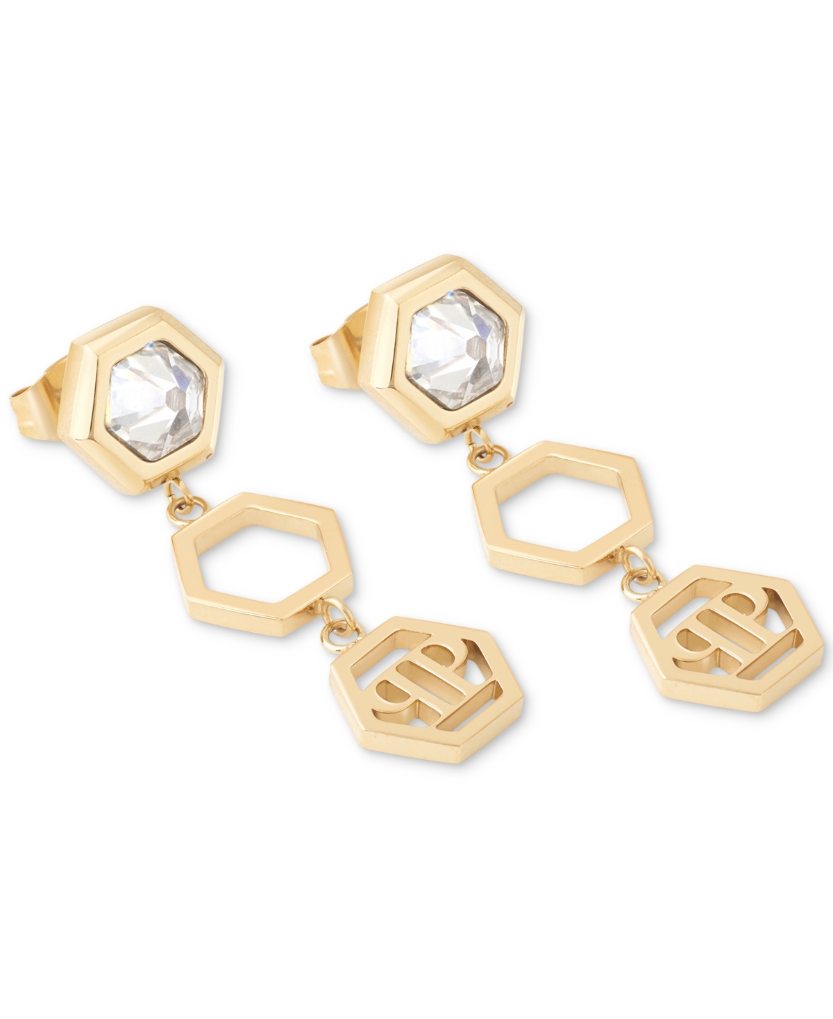 Shop Philipp Plein Gold-tone Ip Stainless Steel Crystal Hexagon Logo Triple Drop Earrings In Ip Yellow Gold