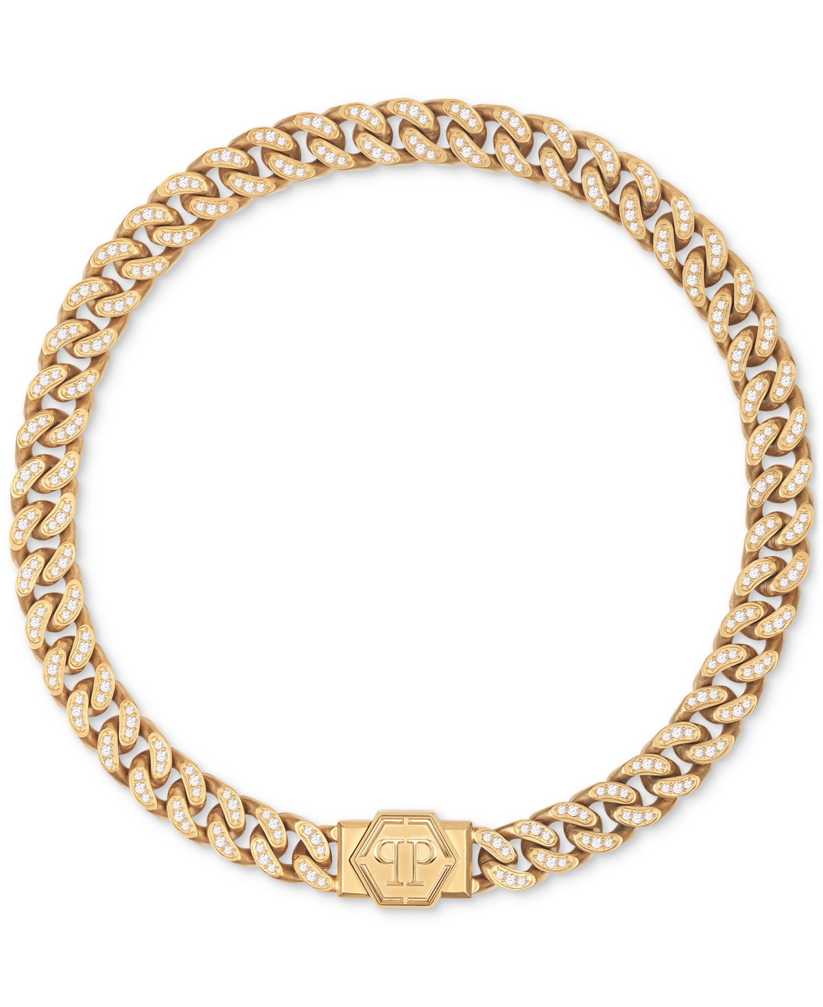 PHILIPP PLEIN GOLD-TONE IP STAINLESS STEEL HEXAGON LOGO PAVE CUBAN LINK NECKLACE