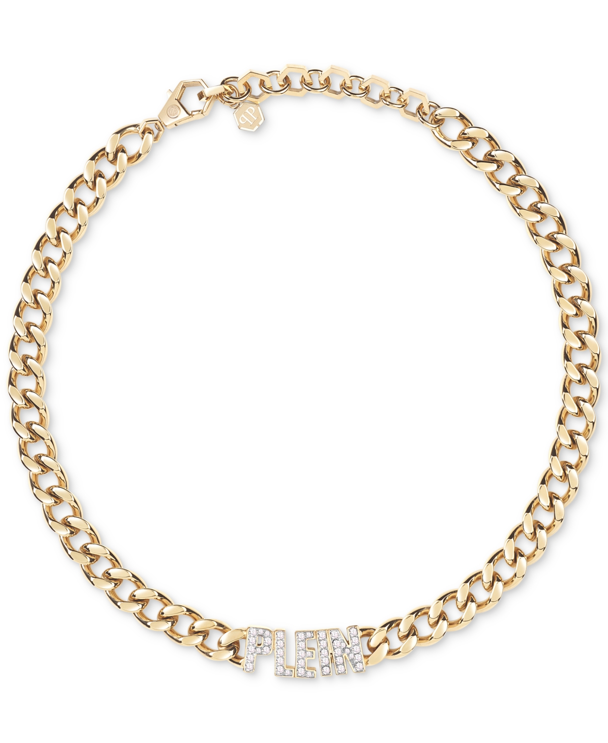 Shop Philipp Plein Gold-tone Ip Stainless Steel Pave Plein Lettering Cuban Link Necklace, 15" + 2-3/4" Extender In Ip Yellow Gold