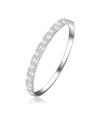 Sterling Silver with Rhodium Plated Clear Round and Green Cubic Zirconia Two-Row Accent Bangle Bracelet