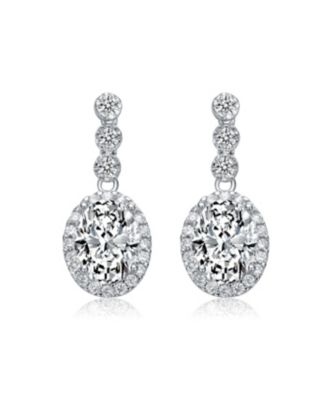 Sterling Silver with Clear Oval and Round Cubic Zirconia Halo Drop Earrings in White Gold Plated or 14K Gold Plated