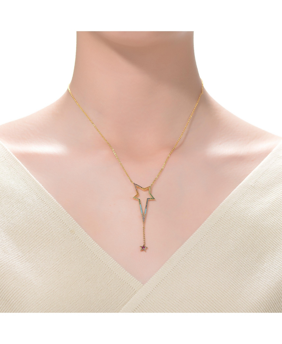 Genevive Sterling Silver 14K Gold Plated Multi Color Cubic Zirconia Spring Ring Star Necklace - Multi-color