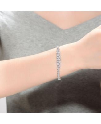 Sterling Silver with Rhodium Plated Clear Round Cubic Zirconia Flower Design Tennis Bracelet