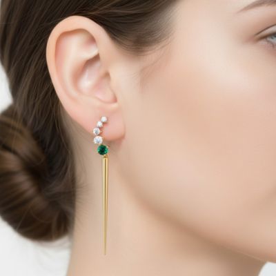 Elegant Waterfall Spike Dangle Earrings in 14k Yellow Gold Plating with Emerald & Cubic Zirconia