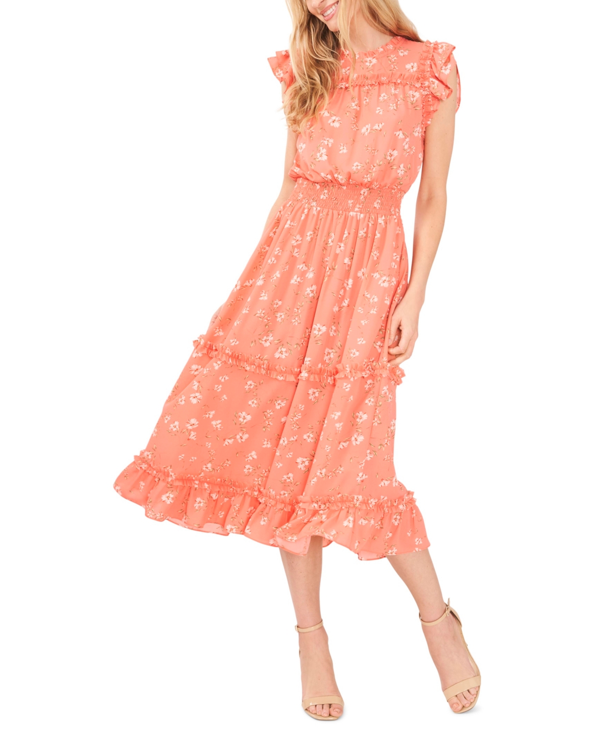Cece Clip Dot Flutter Sleeve Midi Dress In Ocean Spray