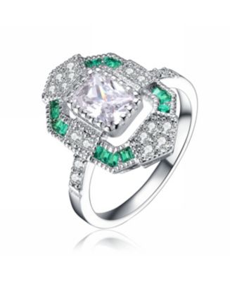 Sterling Silver with Rhodium Plated Radiant Cubic Zirconia Coctail Ring ...