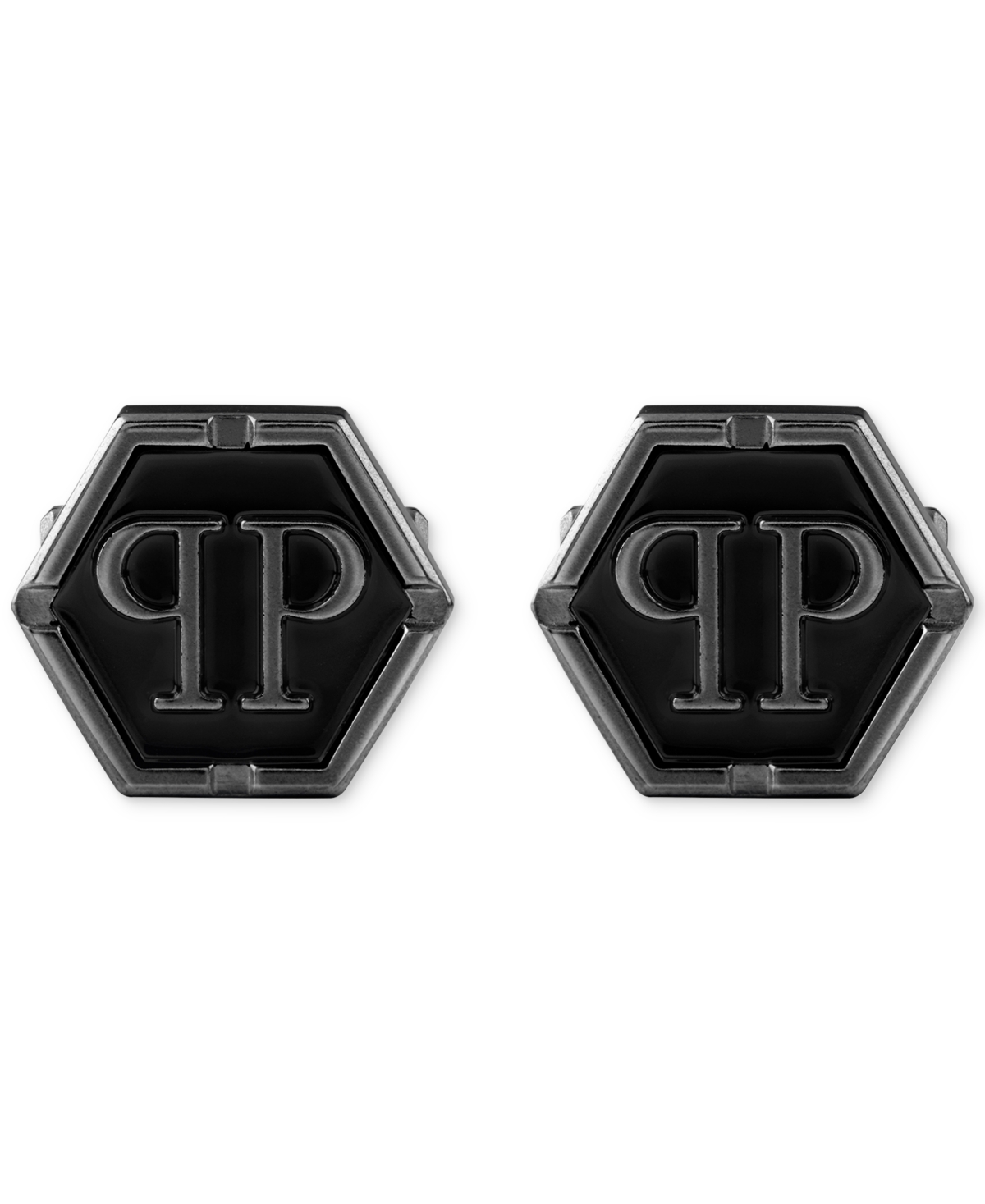 Shop Philipp Plein Stainless Steel Logo Black Hexagon Cuff Links