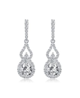 Sterling Silver with Rhodium Plated Clear Pear and Round Cubic Zirconia Halo with Open Pear Drop Earrings