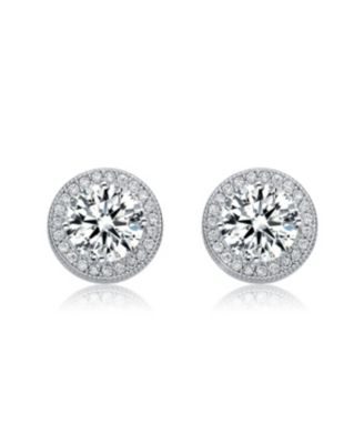 Sterling Silver with Rhodium Plated Clear Round Cubic Zirconia Solitaire Halo Stud Earrings