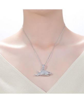 Rhodium-Plated with Red &  Cubic ZIrconia Ice Out Shark Pendant Necklace in Sterling Silver