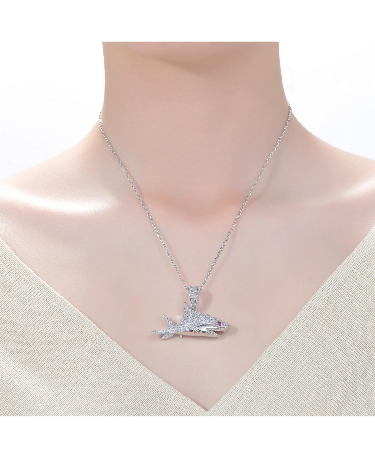 Genevive Rhodium-Plated with Red & Cubic ZIrconia Ice Out Shark Pendant Necklace in Sterling Silver
