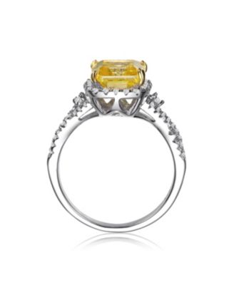 Sterling Silver White Gold Plated Yellow Cushion Cubic Zirconia with Clear Round Cubic Zirconias Accent Twisted Ring