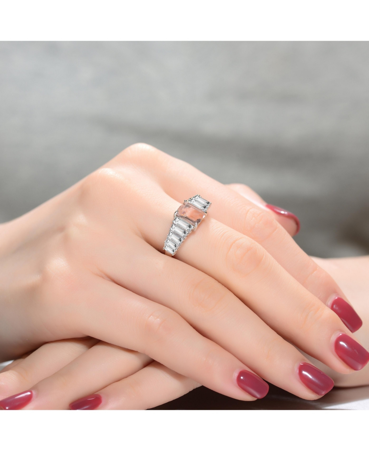 Genevive Sterling Silver with Rhodium PlatedAsscher Cubic Zirconia with Green Cubic Zirconias Cluster Ring - Pink