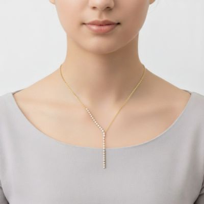 Rhodium-Plated with  Cubic ZIrconia Asymmetrical Waterfall Y-Necklace in Sterling Silver