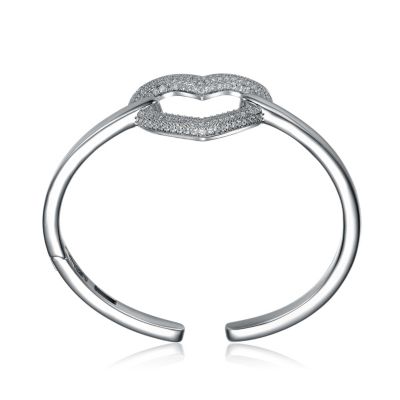 White Gold Plated Sterling Silver with  Cubic Zirconia French Pave Heart Halo Bracelet