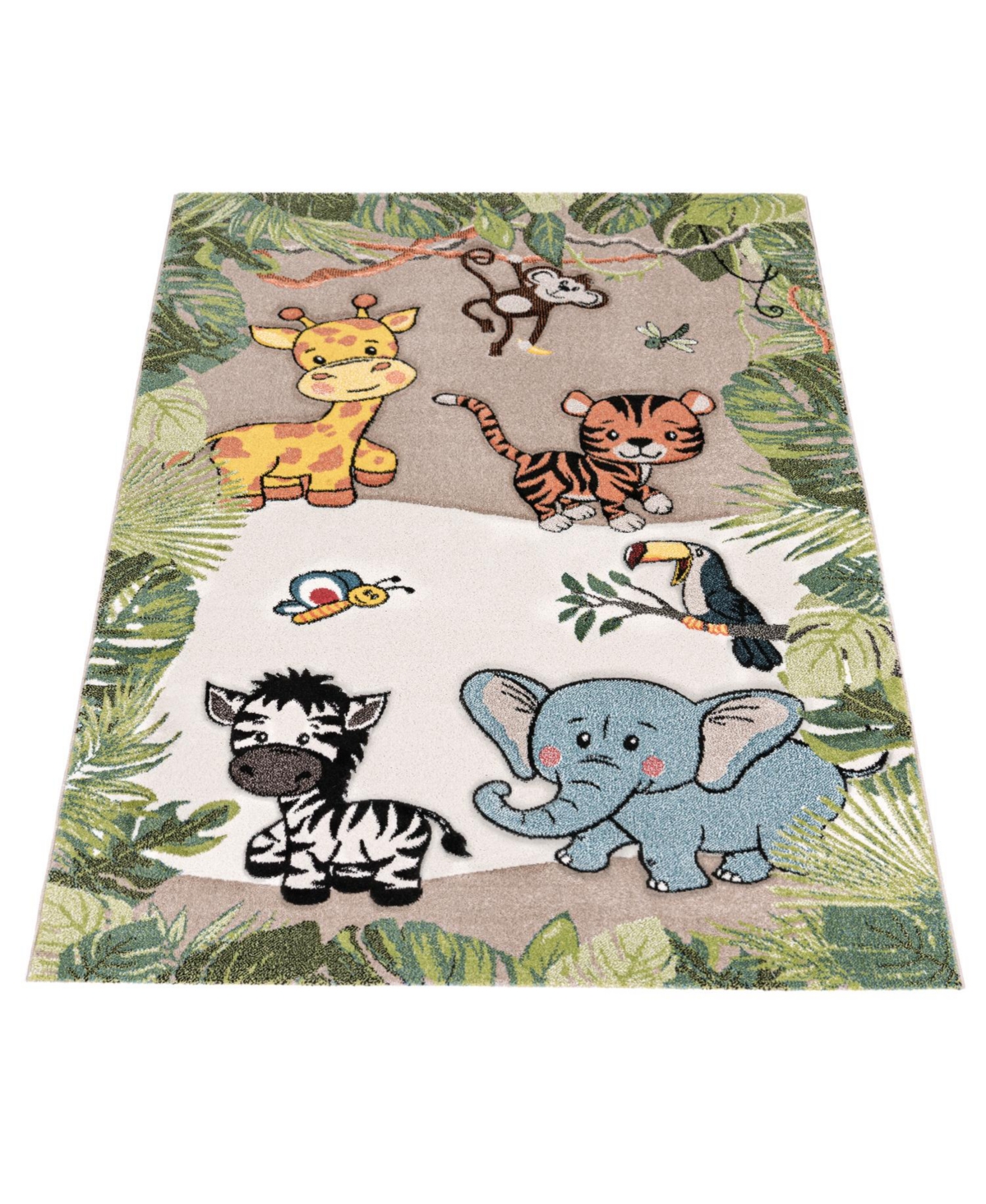 Kids Rug Happy Giraffe & Jungle Animals In Beige - 32" X 59"