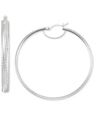 Macy's - Textured Medium Hoop Earrings in 14k White Gold-Plated Sterling Silver, 40mm
