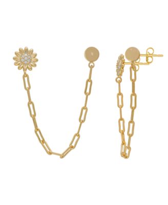 Cubic Zirconia Flower and Ball Stud Chain Dangling Earrings