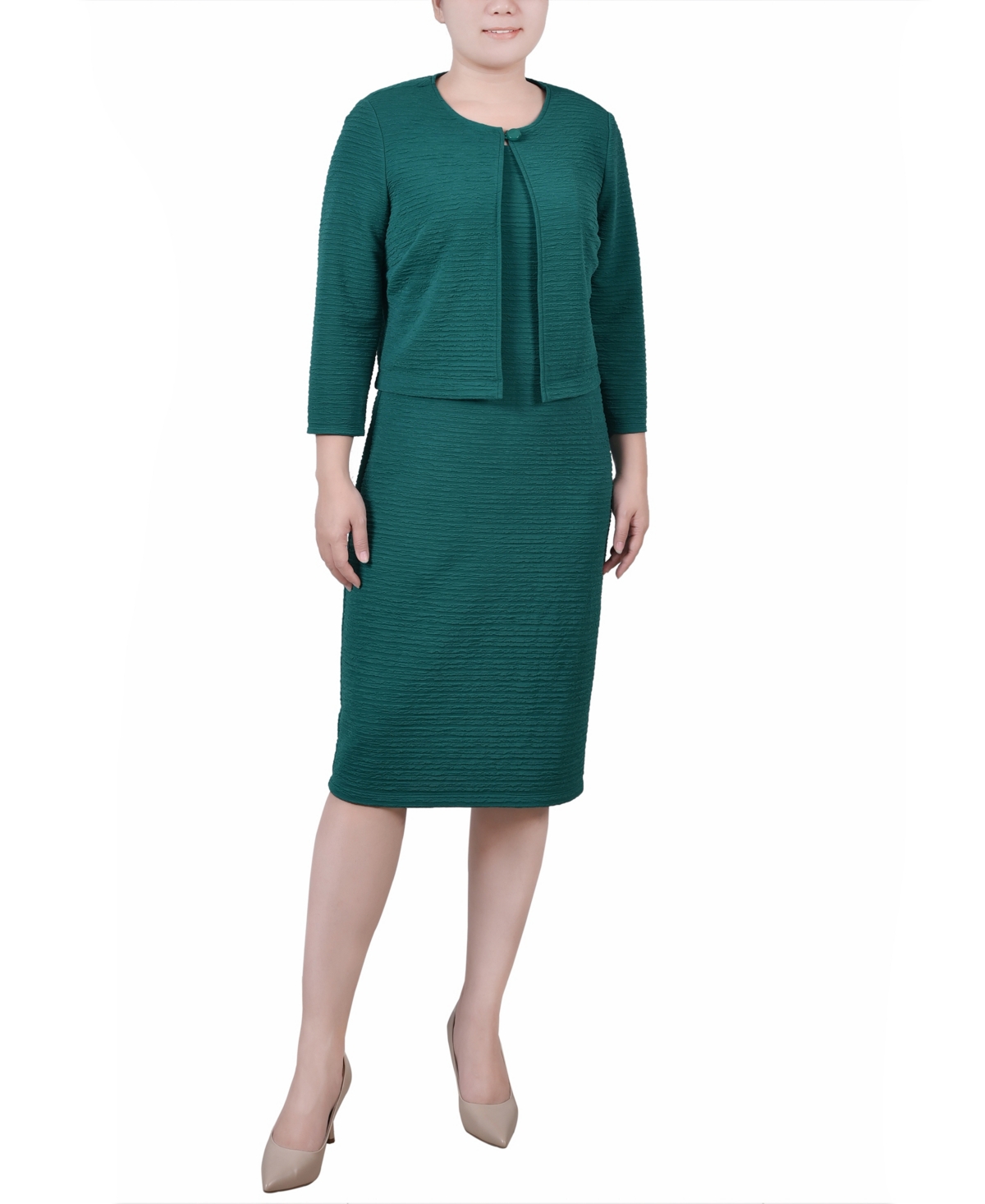 Ny Collection Women's Textured 3/4 Sleeve Two Piece Dress Set In Emerald