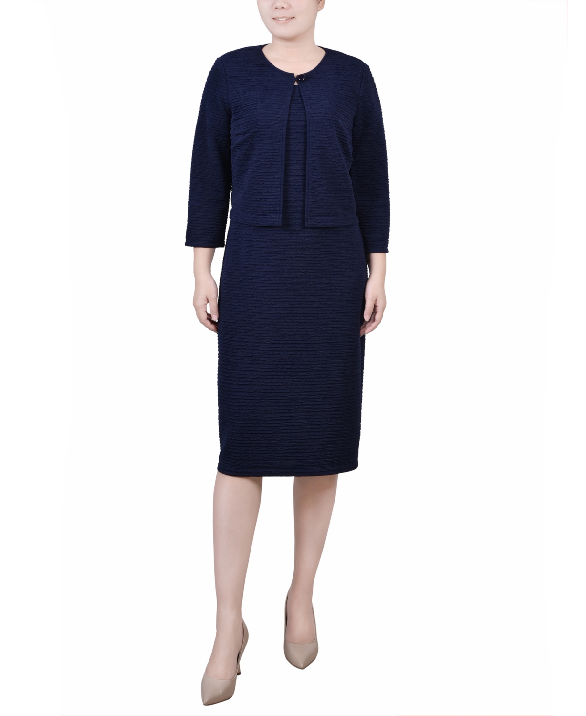Ny Collection Women's Textured 3/4 Sleeve Two Piece Dress Set In Harbor Navy